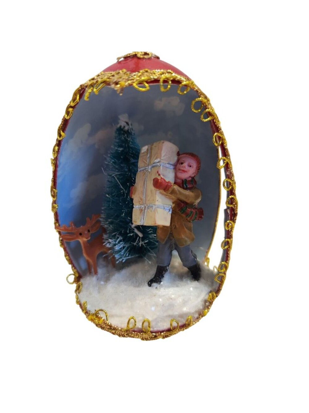 Vintage Christmas Diorama Ornament With Boy & Deer & Gifts Tree Scene READ